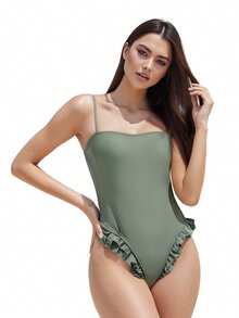 Traje de baño monokini para mujer, color sólido, tirantes finos, volantes, sin mangas, traje de baño de verano, bikini - Verde claro - Ver 5