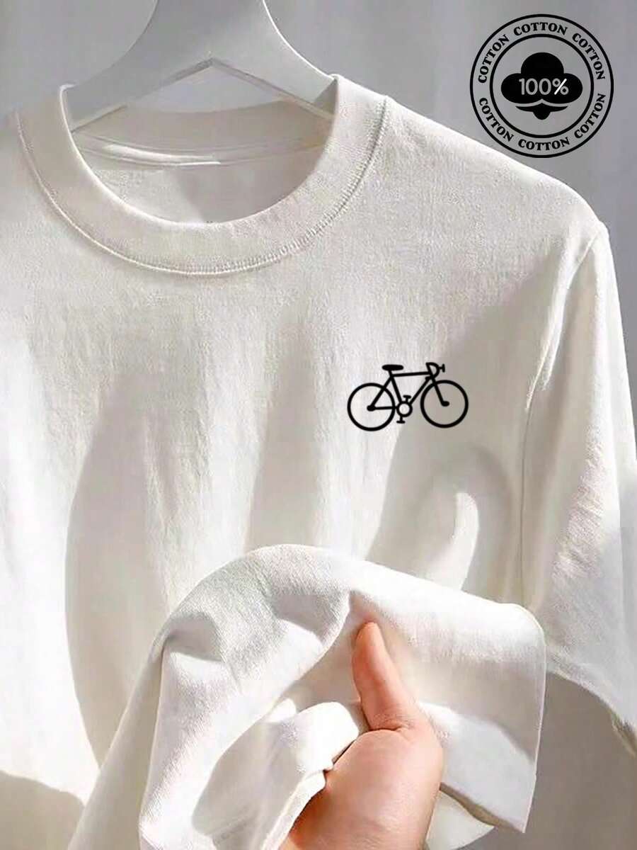 Estilo minimalista, camiseta de manga corta de cuello redondo impresa con patrón de bicicleta camiseta de tela cómoda y transpirable moda blusa deportiva casual hombre 100% camiseta de ropa de estilo callejero de algodón (para un efecto relajado, elija un tamaño más grande) - Blanco - Ver 1
