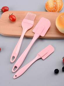 3pcs Silicone Oil Brush & Spatula, Pink Cream Spatula, For Baking - Multicolor - View 1