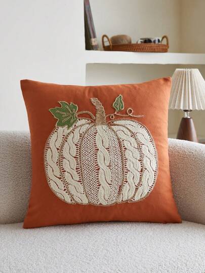 1件橙色南瓜刺绣装饰枕套，17.7*17.7英寸，适合室内装饰，四季皆宜，不含枕芯