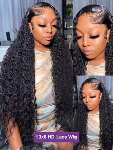 CEXXY 360 Lace Frontal Wig Human Hair 180 Density Deep Wave No Glue With Pre Plucked Baby Hair Natural Color Ponytail Bun Wig 360 Lace Frontal Wig Human Hair - Natural Black - 查看 7