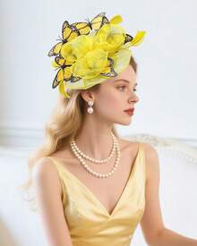Organza Fascinators Hats - Monarch Tea Party Hat With Hairpin, 2025 Derby Headwear - Màu vàng - Xem 3