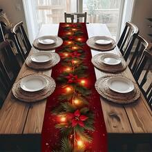1 pieza Bandera de mesa decorativa con rama de pino navideña y farol rojo, de poliéster. Diseño de patrón realista y duradero. Bandera de mesa perfecta para decorar la fiesta de Navidad familiar, la mesa del hogar. Suministros de decoración para Año Nuevo 2026, decoración navideña, adornos navideños, regalos de Navidad, decoraciones navideñas para el hogar 2026