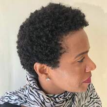 4 英寸精灵短发非洲卷发假发 180% 密度巴西雷米真人发无胶杰瑞卷发造型带玫瑰网帽自然造型适合所有种族 - 黑色 - 查看 4