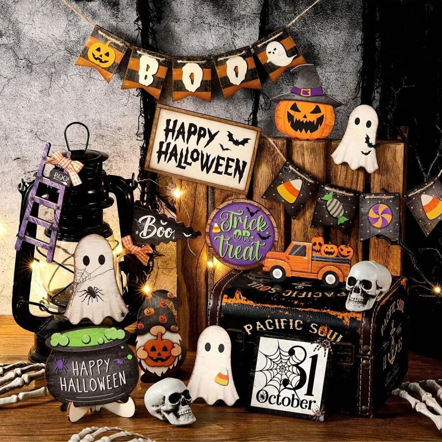 21 件/套万圣节分层托盘装饰套装，可爱的万圣节木制标牌，黑色和橙色托盘标牌，万圣节快乐木制标牌，怪异木块万圣节装饰品（不含托盘） - 彩色 - 查看 1