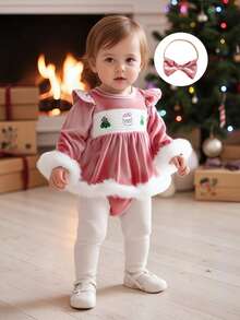 Baby Girls 2Pcs Christmas Outfits Long Sleeve Velvet Romper Dress with Headband Set Newborn Clothes - Rosa - Ver 5