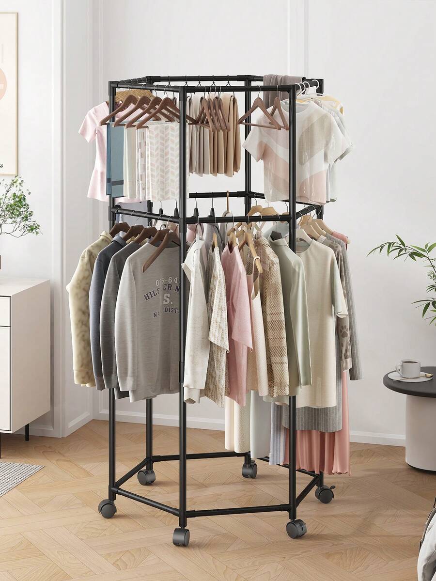1 Percha de ropa multifuncional con ruedas, adecuada para interiores, exteriores, balcón, dormitorio, estantes de almacenamiento de ropa ahorradores de espacio, tendederos para colgar ropa - Tendedero de ropa multifuncional - Ver 1