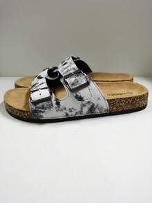 男女通用中国风黑白扎染时尚双带双扣休闲防滑拖鞋，软底舒适一脚蹬女士凉鞋，秋冬家居拖鞋，适合圣诞节、万圣节、居家、约会、购物、通勤、派对、海滩度假 - 黑與白 - 查看 3