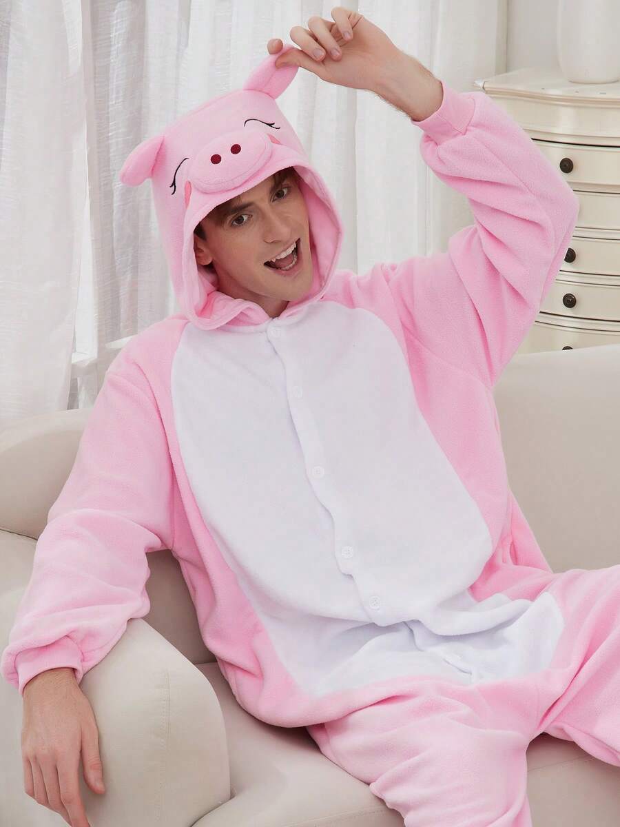 Adult Men's Cartoon Pink Pig One-Piece Pajamas, Autumn And Winter Thickened Animal One-Piece Pajamas, Hooded Warm Home Clothes, Halloween Costumes, Christmas Role-Play Party Costumes - Baby Pink - View 1
