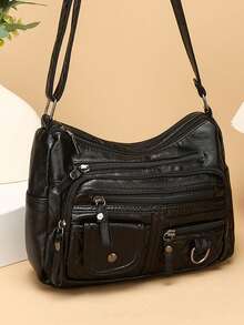 柔软多拉链口袋单肩包防水复古 PU 皮革斜挎包可调节肩带纯色 - 黑色 - 查看 2