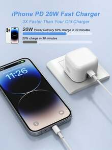 20W 快速充电适配器套装：20W 英国插头快速充电器头 + 3.3 英尺/100 厘米快速充电数据线，兼容 14 Pro Max/14 Pro/14 Plus/14/13/12/11、iPad、系列壁式充电器适配器手机充电器 Nan - 白色-折疊腳 - 查看 3