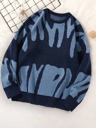 1pc Boys & Teens Vintage Casual Patchwork Soft Warm Pullover Knit Sweater, Suitable For Spring, Autumn & Winter
