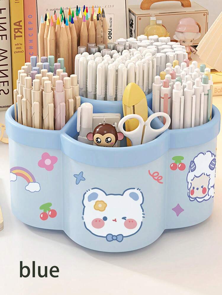 1 pieza Organizador giratorio para portalápices, alta capacidad, compartimentos, adecuado para estudiantes, escritorio de niños, estante creativo para bolígrafos, diseño minimalista (patrón de pegatinas aleatorio) - Multicolor - Añade 8