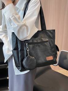 Bộ 2 túi tote bằng da PU họa tiết chữ cái kèm ví đựng tiền xu, túi đeo vai nhiều ngăn, kiểu dáng tối giản thời trang, phù hợp cho nữ giới đi mua sắm, sử dụng hàng ngày, du lịch, đi làm và đi học. - màu đen - Xem 5