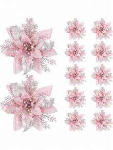 24/12pcs (12 Poinsettias + 12p Clips)-Glitter Pink Christmas Flowers, Poinsettia Christmas Flowers Decoration-Artificial Poinsettias Christmas Glitter Flowers With Clips,Artificial Pink Silver Poinsettia Christmas Tree Ornaments Glittery For Xmas New Year Wedding Party Wreath DIY Garland Decor (Pink)