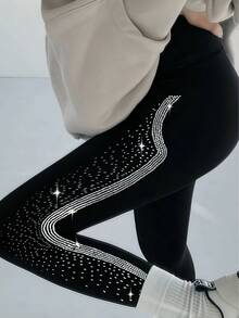 1 件女式水钻装饰侧条纹紧身踝裤，休闲运动装 - 黑色 - 查看 3