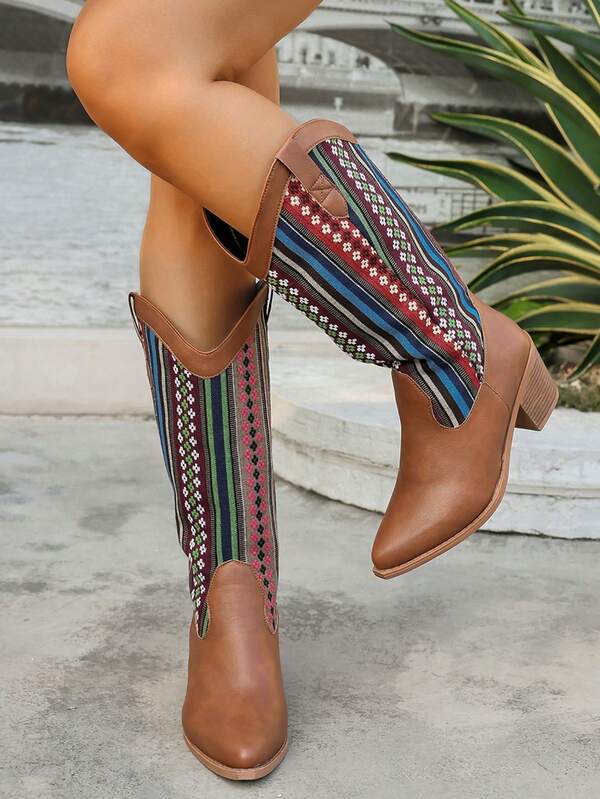 Women's Fashion Slip-On Boots, Classic Elegant Embroidered Western Boots, Comfortable Versatile Contrast Color Design, Lightweight Non-Slip Outdoor Boots Suitable For Music Festivals, Vacation Travel, Fashionable Style