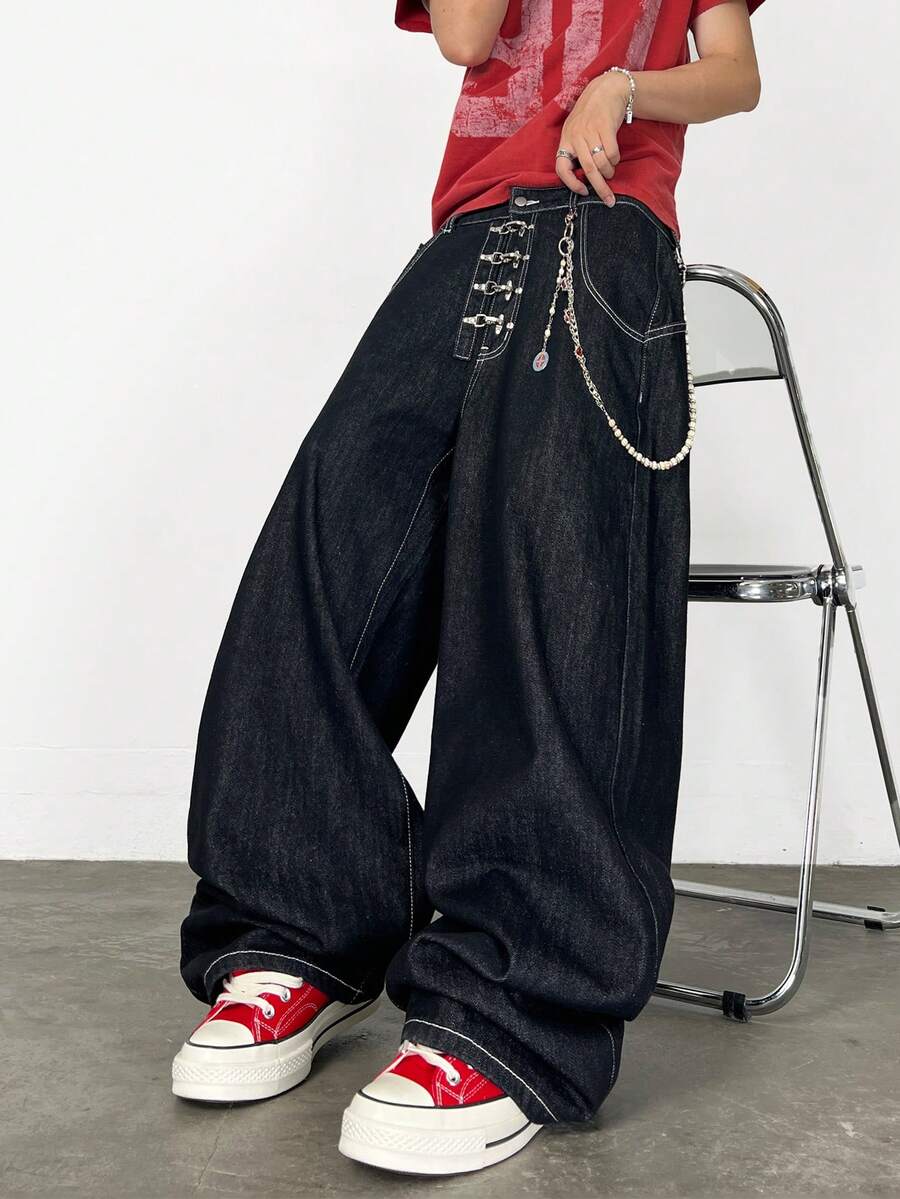 1 chiếc quần jeans nam ống rộng hiệu Hearty Haven kiểu retro với khóa hình máy bay, kiểu dáng thoải mái, phong cách đường phố (không kèm thắt lưng hoặc phụ kiện) - màu đen - Xem 1