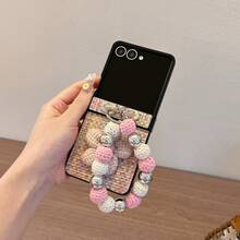 Elegant Woven Pattern Leather Belt With Pink Flower Foldable Phone Case With Chain Strap Compatible With Samsung Galaxy Z Flip3 5G/Galaxy Z Flip 4 5G/Galaxy Z Flip 5 5G/Galaxy Z Flip 6 5G, Personalized Women Design Waterproof Shockproof Anti-Fall Scratch Resistant - Multicolor - View 5