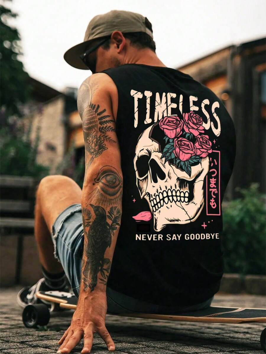Men's Creative Rose Skull Print Tank Top - Black - View 1
