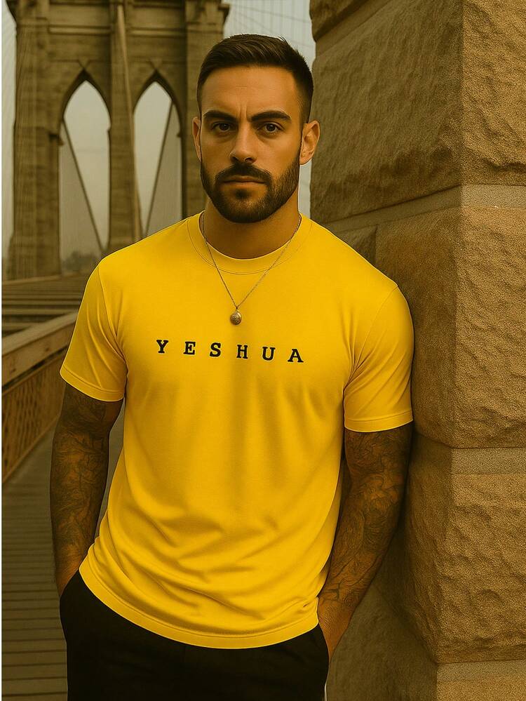 Yellow Men's Christian Yeshua Shirt Short Sleeve T-Shirt 100% Cotton Round Neck T-Shirt For Men Writing Yeshua - 黃色 - 查看 2