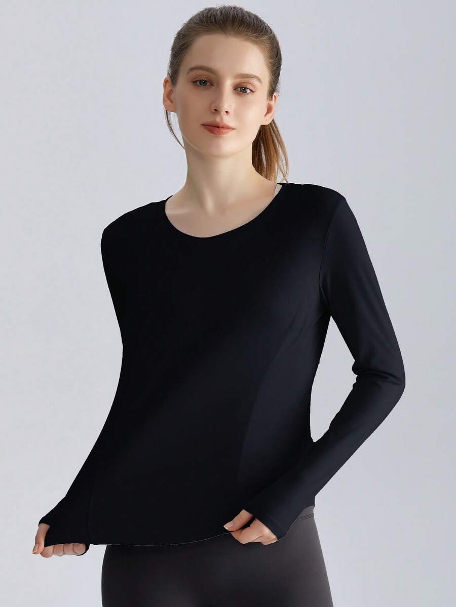 1pc Women's Solid Color Loose Fit Long Sleeve Fitness T-Shirt