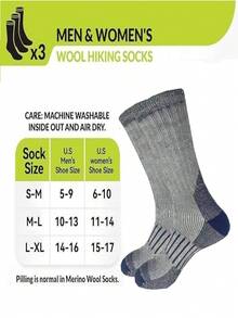 3 Pairs Merino Wool Hiking Socks, Crew Neck Winter Boot Socks, Unisex