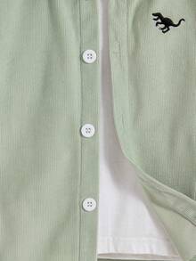Camisa de manga larga con cuello vuelto, unicolor casual, con patrón bordado de dinosaurio para niños, primavera/otoño - Verde - Ver 4