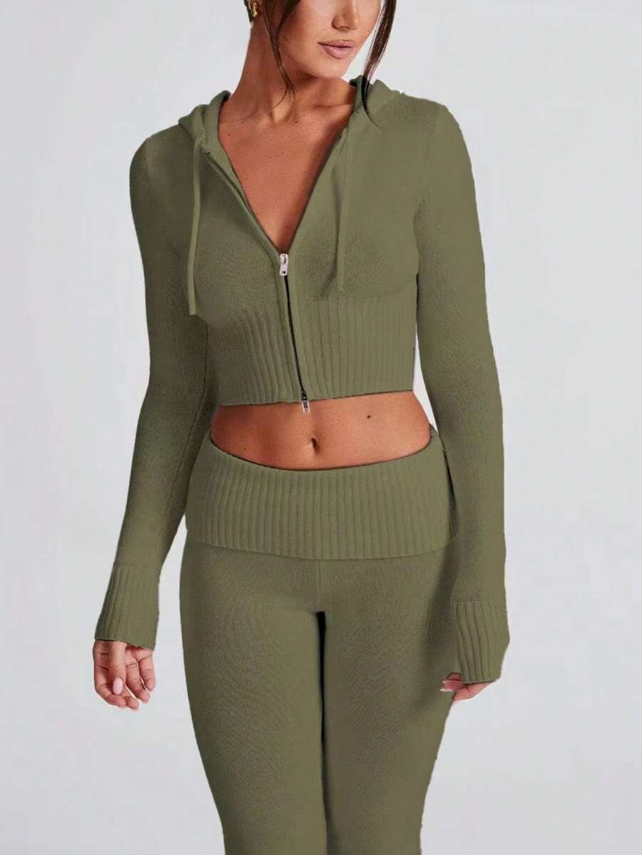 1pc Women's Fashionable Sexy Casual Solid Color Zipper Sweater - Olive Green - View 1