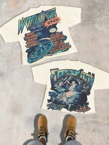 Cyberpunk Style 2024 World Tour Pattern Personality And Attitude Cotton T-Shirt, Made Of 100% Cotton And Combed With Fine Needles, Is Relaxed And Comfortable, Suitable For Both Men And Women, And Suitable For Street Hipsters. - 杏色 - 查看 1