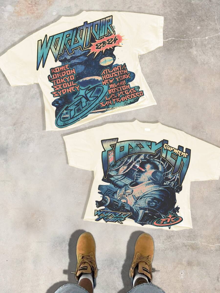 Cyberpunk Style 2024 World Tour Pattern Personality And Attitude Cotton T-Shirt, Made Of 100% Cotton And Combed With Fine Needles, Is Relaxed And Comfortable, Suitable For Both Men And Women, And Suitable For Street Hipsters. - 杏色 - 查看 1