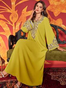 Women's Sweetheart Neck Heavily Embroidered & Beaded Elegant Arabic Style Dress - Yellow - View 7