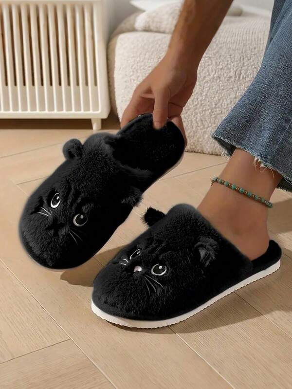 Pantuflas de peluche con estampado de gato de dibujos animados para jóvenes, cómodas y transpirables para usar en interiores y exteriores