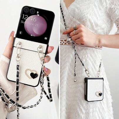 keshengtai Galaxy Z Flip 7 7FE 6 5 4 3 5G Heart Glitter Phone Case With Adjustable Shoulder Strap, Hinged Full Body Protection, Hard PC Backplate Anti-Drop And Shock-Proof Phone Cover Waterproof Scratch Resistant