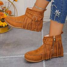 New Women's Casual Outdoor Sports Tassel Ankle Boots, Versatile And Lightweight / Zipper Closure, Round Toe Flat Sole And Decorative Studs - Caramel Brown Winter Boots - - 棕色 - 查看 2