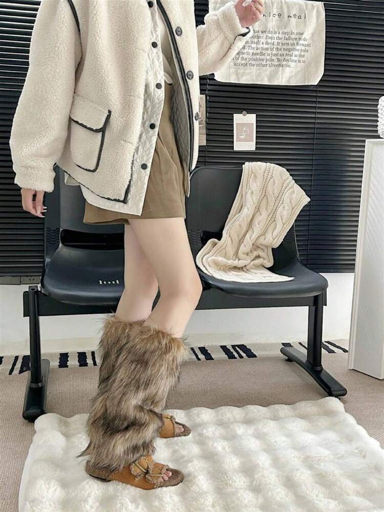 1pc Brown Solid Color Fluffy Faux Fur Patchwork Leg Warmers, Suitable For All Seasons, Y2K Style For Winter And Autumn Warmth - Brown - View 9