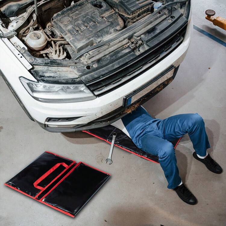 1 pieza Cama de mecánico plegable de lona impermeable 100x60 cm, colchón de trabajo portátil para reparaciones automotrices, resistente y fácil de limpiar, ideal para mecánicos, uso en talleres, garajes, reparaciones debajo del coche, cama de suelo cómoda y ligera con diseño compacto para fácil transporte y almacenamiento, accesorio profesional para mantenimiento - Negro - Añade 1