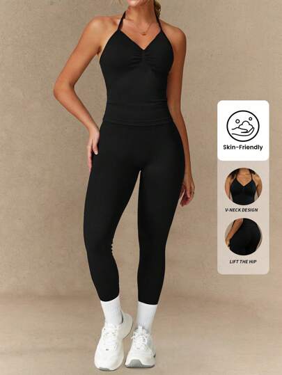 Yefecy 2-delat gymset för kvinnor, rygglösa linnen med hög midja, sömlösa leggings, gymdräkt, fitnesskläder, aktiva träningsset