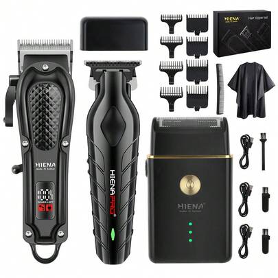  HIENA 3 PiecesMen's Grooming Set, Includes Beard Trimmer, Electric Hair Clipper. For Hairstyling, Beard & Sideburn Trimming. Elegant Gift Packaging, Ideal For Holidays