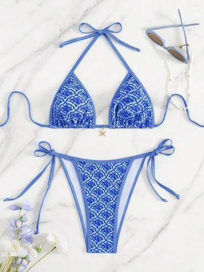 New Summer Women's Back Tie Knot Plant Art Printed Sexy Holiday Bikini Set