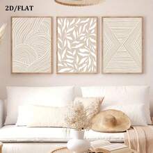 Pintura de arte de pared de 3 piezas/set de patrón geométrico de líneas de planta abstracta de color beige neutro, arte abstracto de estilo bohemio, cartel de lienzo sin marco, regalo ideal creativo para el hogar, adecuado para sala de estar, estudio, dormitorio, baño, cocina - Multicolor - Ver 6
