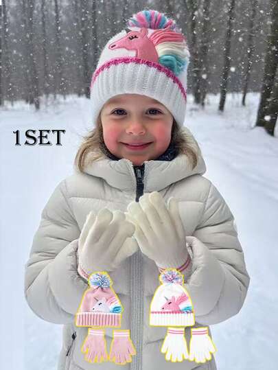 2pcs/Set Girls Cartoon Unicorn Winter Hat + Gloves Set, Warm Outfit For Toddler & Kids, Autumn/Winter