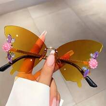 Women's Butterfly Glasses - Purple Pink Gradient Lenses, Elegant Party And Daily Wear - Lightweight And Durable Frame - Non-Prescription Fashion Glasses Accessories, Fashionable Vision Aid, Rhinestone Decoration, Unique Design, Metal Hinge,  Accessories - 漸層紫 - 查看 3