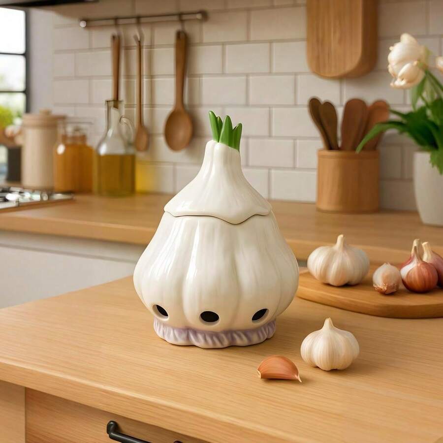 Garlic Keeper - Unique Ceramic Storage Jar For Garlic & Onions With Ventilation For Freshness - Ideal Kitchen Container For Countertop, Refrigerator, Or Pantry | Elegant Home Decor & Multifunctional Storage For Peppers, Ginger | Perfect Gift - 白色 - 查看 1