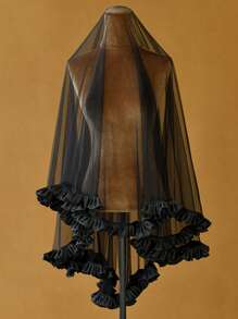 1 pieza Velo de novia negro con ribete de satén fruncido, decoración vintage para Halloween, boda, ropa bohemia de otoño para mujeres