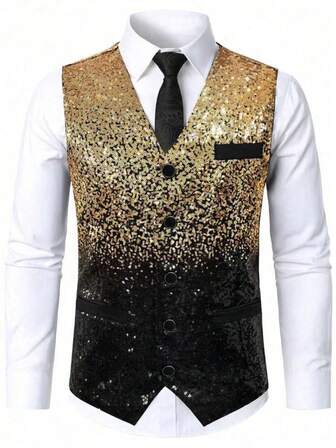 Men's Gradient Sequin Vest, Nightclub Bar Front Desk Performance Formal Waistcoat