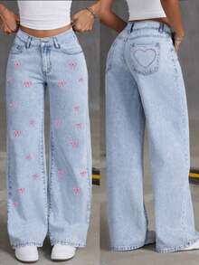 Teen Girls' Light Blue Casual Cat Whisker Patterned Bow Embroidered Straight Leg Jeans - Light Wash - View 1
