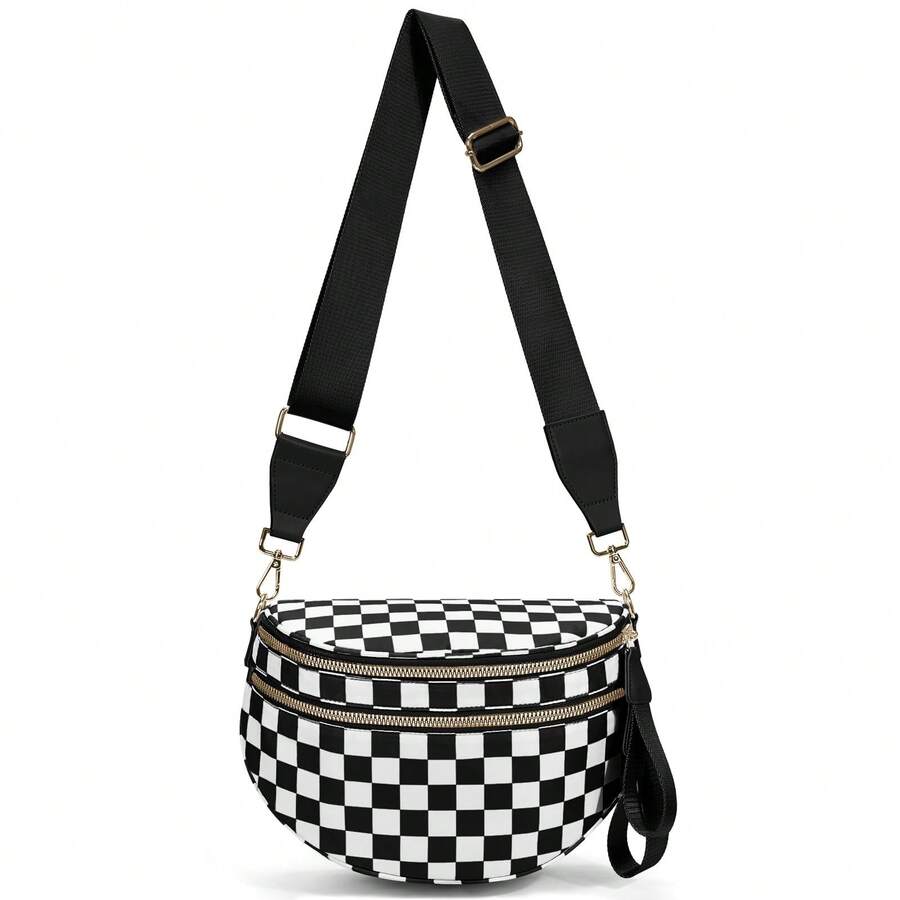 Checkered Bum Bags For Women Crossbody,Nylon Crossbody Bag Large Fanny Pack Checkered Purse Oversized Slouchy Belt Bag - Kẻ caro đen trắng - Xem 1