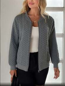 1 件女士优雅休闲纯色针织面料拉链口袋长袖纹理夹克，适合度假、日常穿着、旅行、茶会、秋冬 - 深灰色 - 查看 2