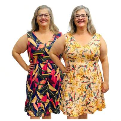 Kit 2 Vestidos Regata Femininos Plus Size Estampados Gola V Frente Forrada
